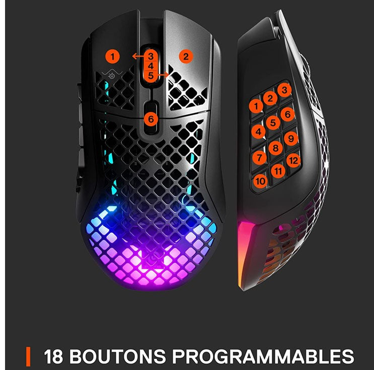 Accessoires SteelSeries Aerox 9 Wireless Souris Gaming - Ultra-légère 89 g - MMO/MOBA - 18 Boutons réglables - Bluetooth/2,4 GHz - Batterie 180 h - Résistante à l’Eau IP54 - PC/Mac Accessoires SteelSeries Aerox 9 Wireless Souris Gaming - Ultra-légère 89 g - MMO/MOBA - 18 Boutons réglables - Bluetooth/2,4 GHz - Batterie 180 h - Résistante à l’Eau IP54 - PC/Mac
